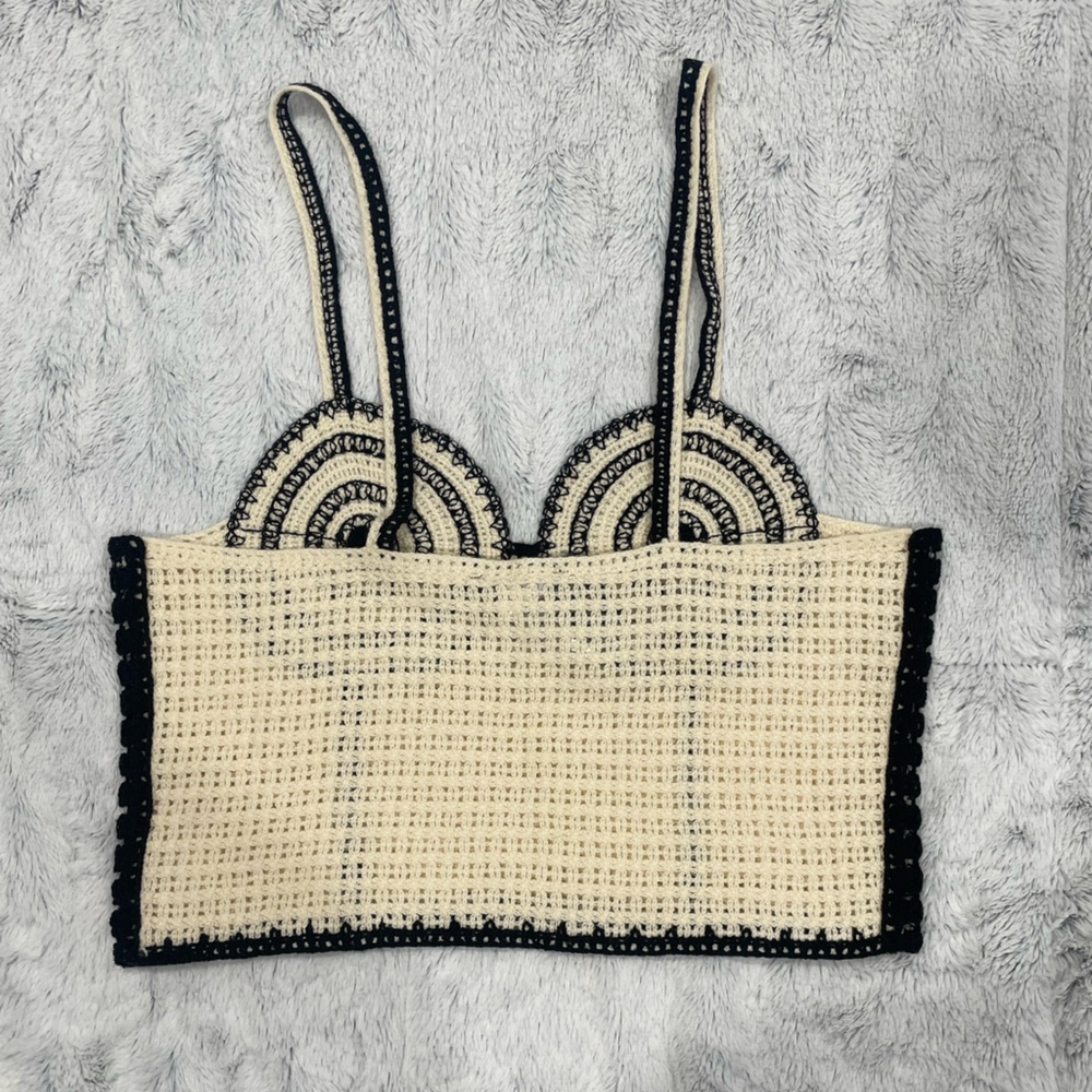 Crochet Crop Top in Cream with Black Trim - Picture 3 of 4